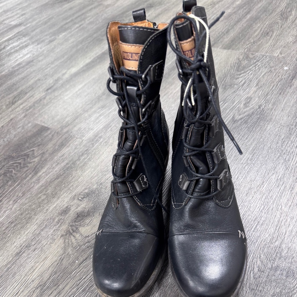 Pikolinos Le Mans Tall Leather Ankle Boot Women’s US 9.5 Combat Lace Up Black